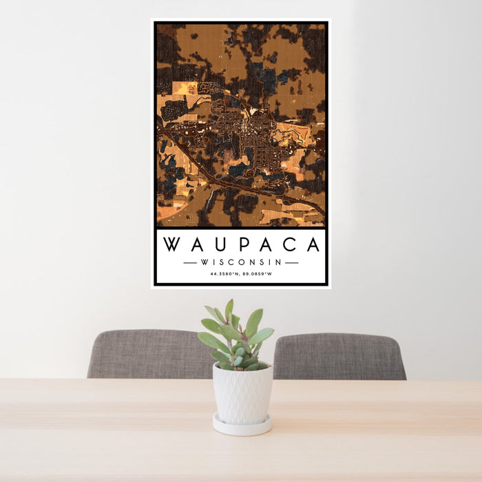 24x36 Waupaca Wisconsin Map Print Portrait Orientation in Ember Style Behind 2 Chairs Table and Potted Plant