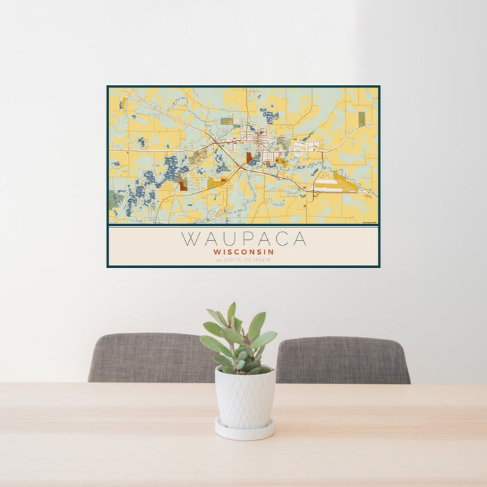24x36 Waupaca Wisconsin Map Print Lanscape Orientation in Woodblock Style Behind 2 Chairs Table and Potted Plant