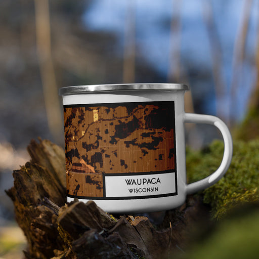 Right View Custom Waupaca Wisconsin Map Enamel Mug in Ember on Grass With Trees in Background