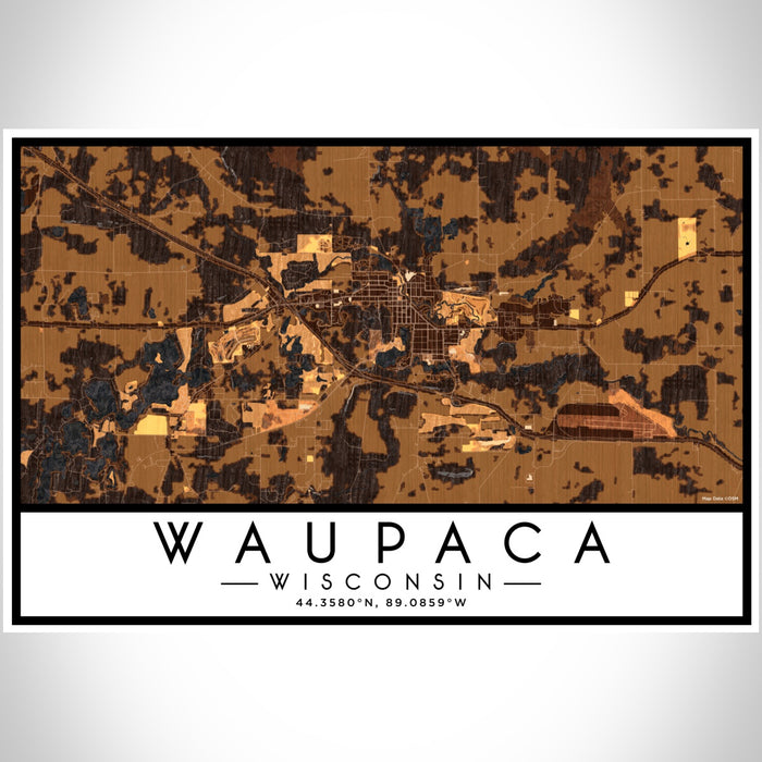 Waupaca Wisconsin Map Print Landscape Orientation in Ember Style With Shaded Background