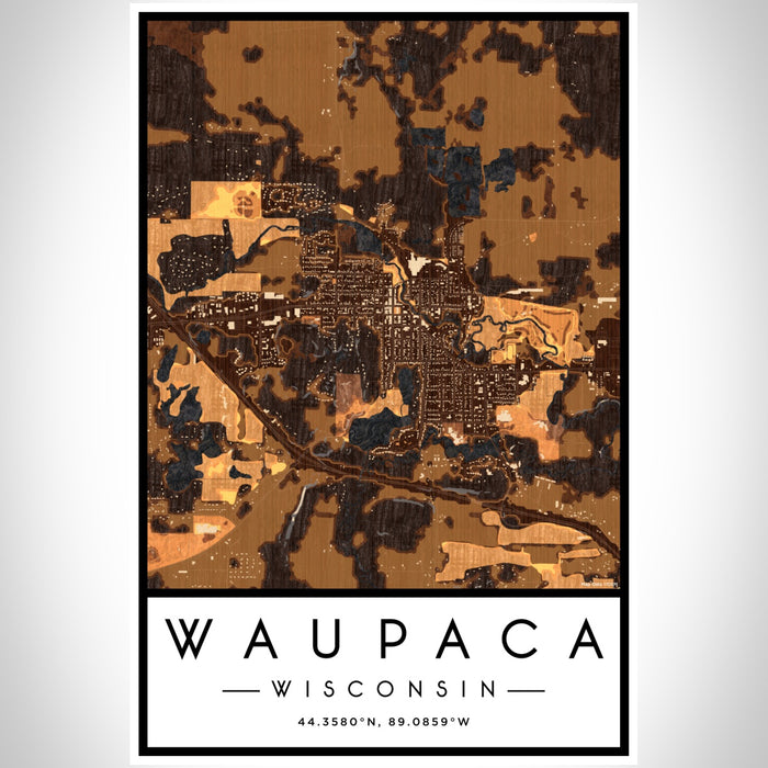 Waupaca Wisconsin Map Print Portrait Orientation in Ember Style With Shaded Background