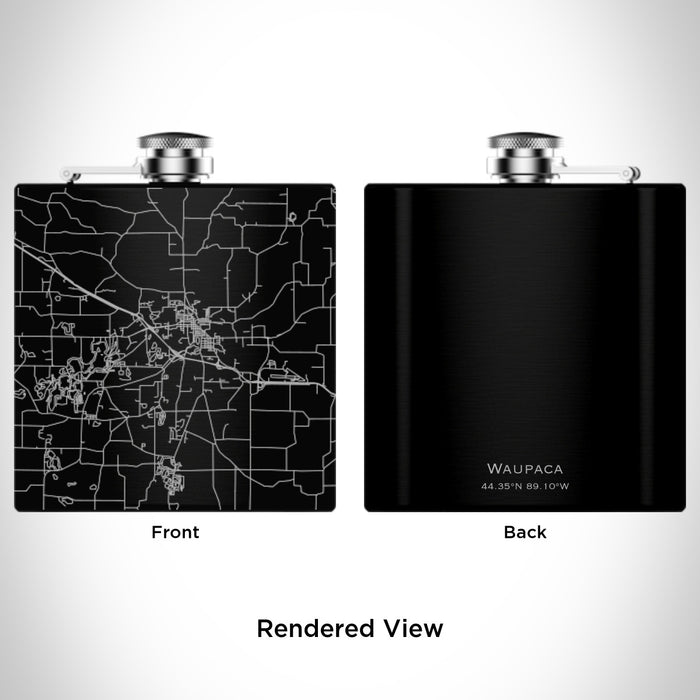 Rendered View of Waupaca Wisconsin Map Engraving on 6oz Stainless Steel Flask in Black
