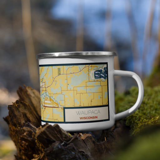 Right View Custom Waupaca Wisconsin Map Enamel Mug in Woodblock on Grass With Trees in Background