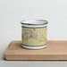 Front View Custom Waupaca Wisconsin Map Enamel Mug in Woodblock on Cutting Board