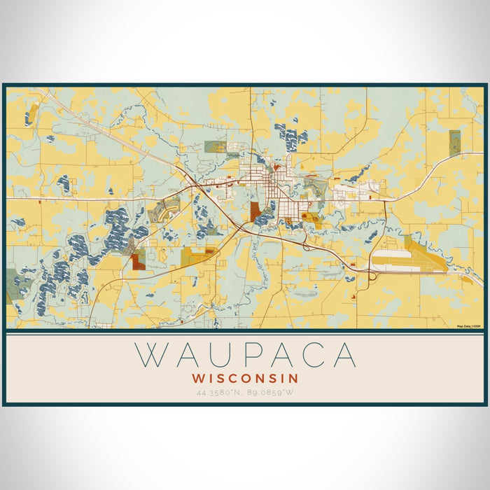Waupaca Wisconsin Map Print Landscape Orientation in Woodblock Style With Shaded Background