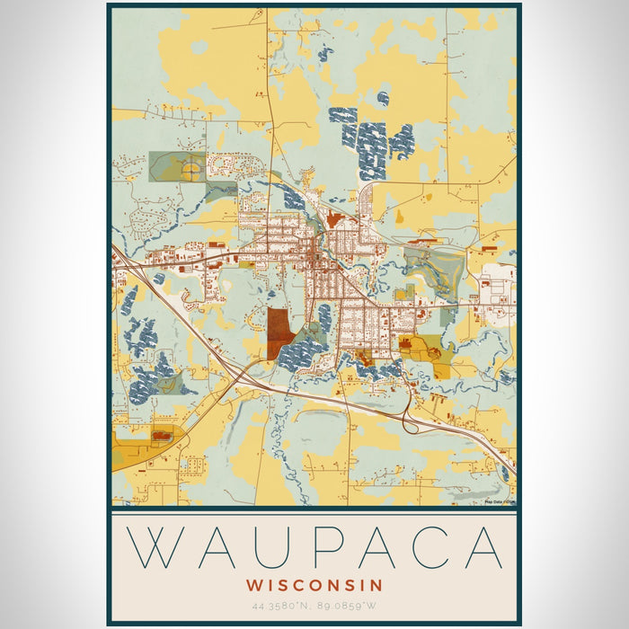 Waupaca Wisconsin Map Print Portrait Orientation in Woodblock Style With Shaded Background