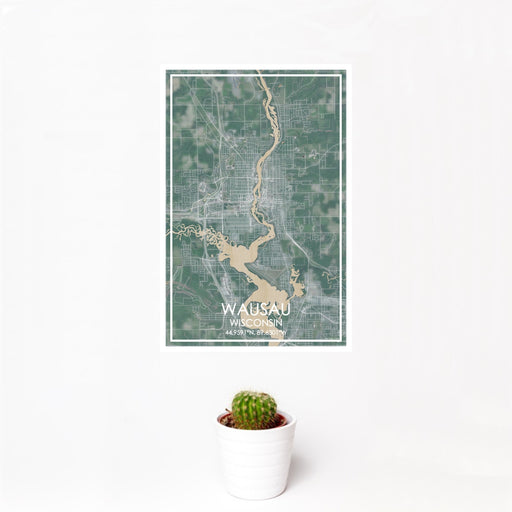 12x18 Wausau Wisconsin Map Print Portrait Orientation in Afternoon Style With Small Cactus Plant in White Planter