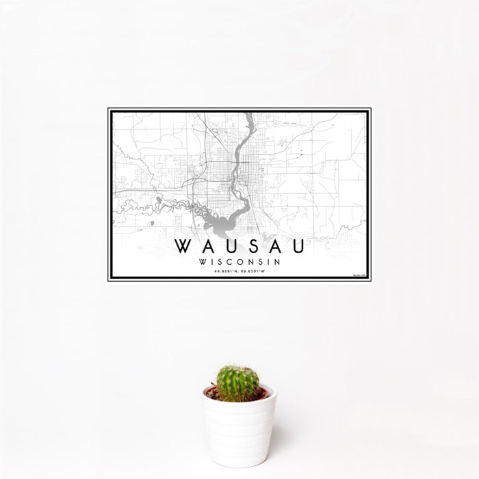 12x18 Wausau Wisconsin Map Print Landscape Orientation in Classic Style With Small Cactus Plant in White Planter
