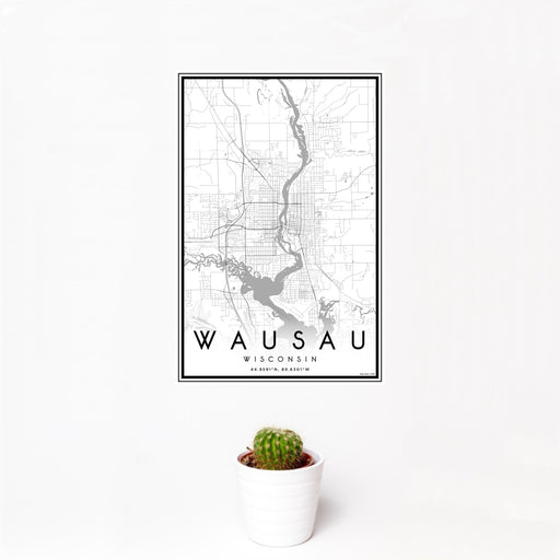 12x18 Wausau Wisconsin Map Print Portrait Orientation in Classic Style With Small Cactus Plant in White Planter