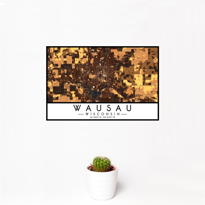 12x18 Wausau Wisconsin Map Print Landscape Orientation in Ember Style With Small Cactus Plant in White Planter