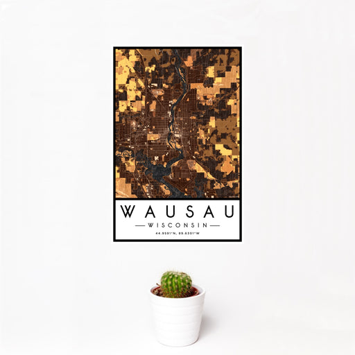 12x18 Wausau Wisconsin Map Print Portrait Orientation in Ember Style With Small Cactus Plant in White Planter