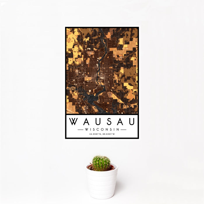 12x18 Wausau Wisconsin Map Print Portrait Orientation in Ember Style With Small Cactus Plant in White Planter