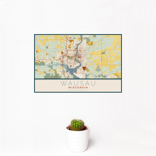 12x18 Wausau Wisconsin Map Print Landscape Orientation in Woodblock Style With Small Cactus Plant in White Planter