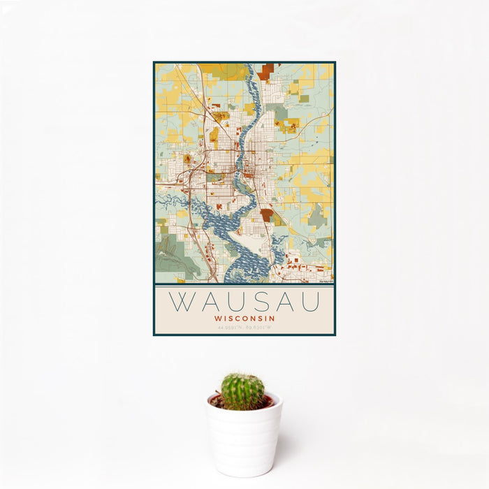 12x18 Wausau Wisconsin Map Print Portrait Orientation in Woodblock Style With Small Cactus Plant in White Planter