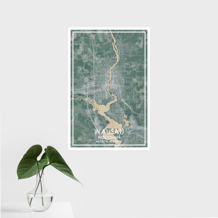 16x24 Wausau Wisconsin Map Print Portrait Orientation in Afternoon Style With Tropical Plant Leaves in Water