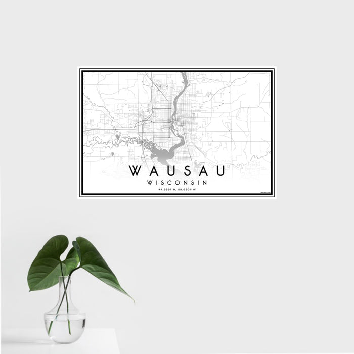 16x24 Wausau Wisconsin Map Print Landscape Orientation in Classic Style With Tropical Plant Leaves in Water