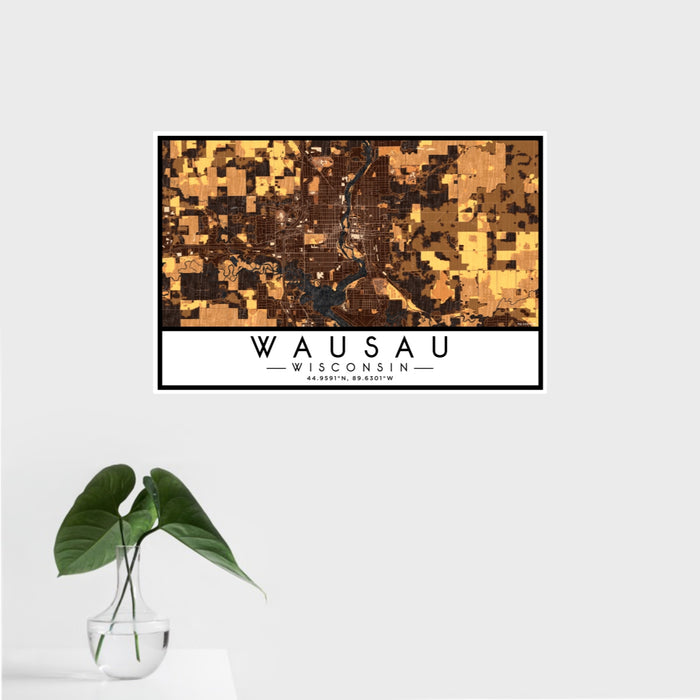 16x24 Wausau Wisconsin Map Print Landscape Orientation in Ember Style With Tropical Plant Leaves in Water