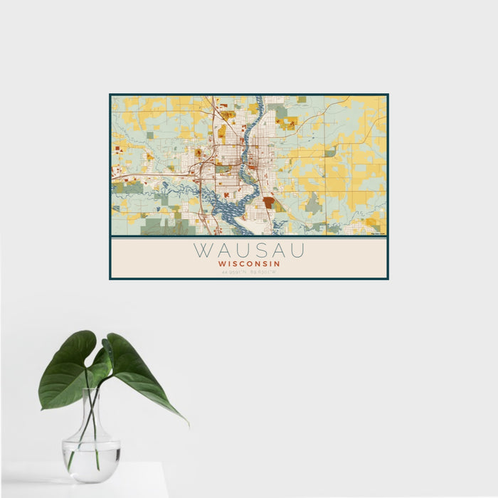 16x24 Wausau Wisconsin Map Print Landscape Orientation in Woodblock Style With Tropical Plant Leaves in Water