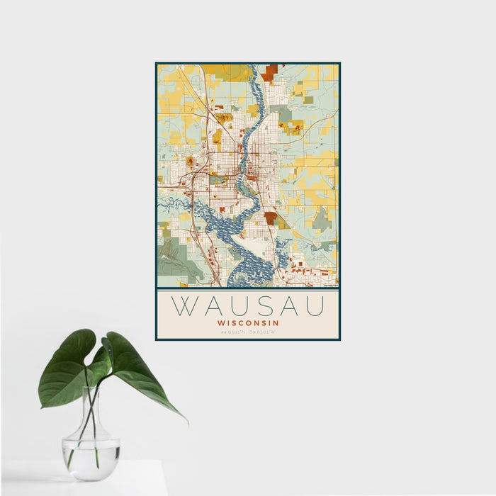 16x24 Wausau Wisconsin Map Print Portrait Orientation in Woodblock Style With Tropical Plant Leaves in Water