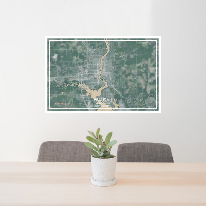 24x36 Wausau Wisconsin Map Print Lanscape Orientation in Afternoon Style Behind 2 Chairs Table and Potted Plant