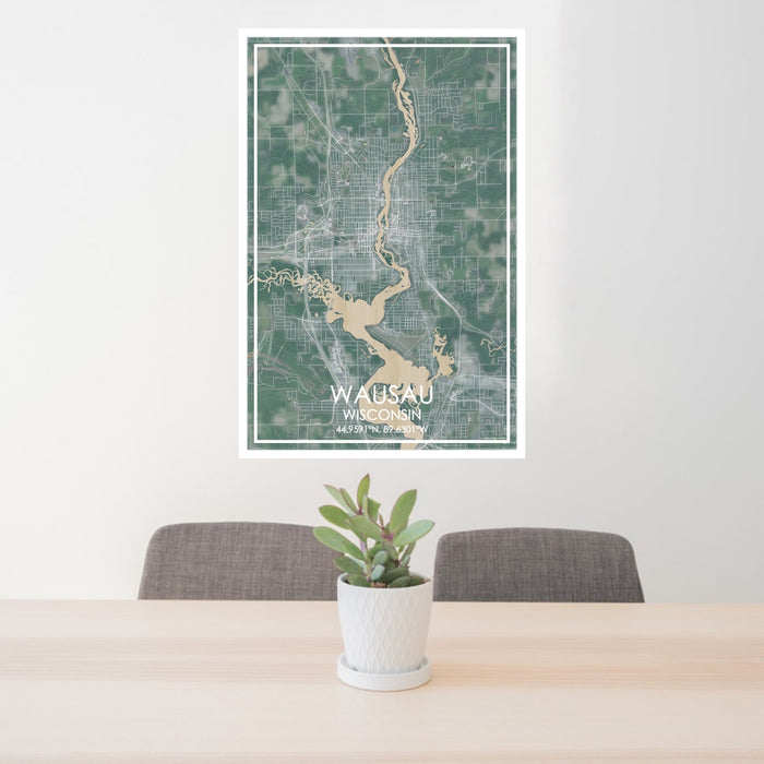 24x36 Wausau Wisconsin Map Print Portrait Orientation in Afternoon Style Behind 2 Chairs Table and Potted Plant