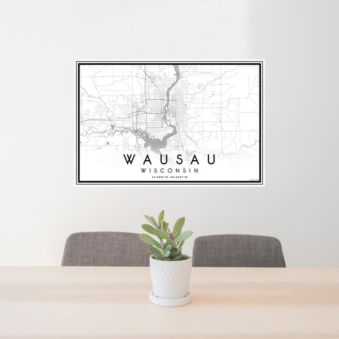 24x36 Wausau Wisconsin Map Print Lanscape Orientation in Classic Style Behind 2 Chairs Table and Potted Plant