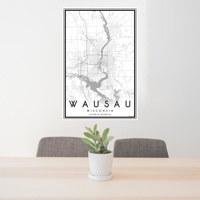 24x36 Wausau Wisconsin Map Print Portrait Orientation in Classic Style Behind 2 Chairs Table and Potted Plant