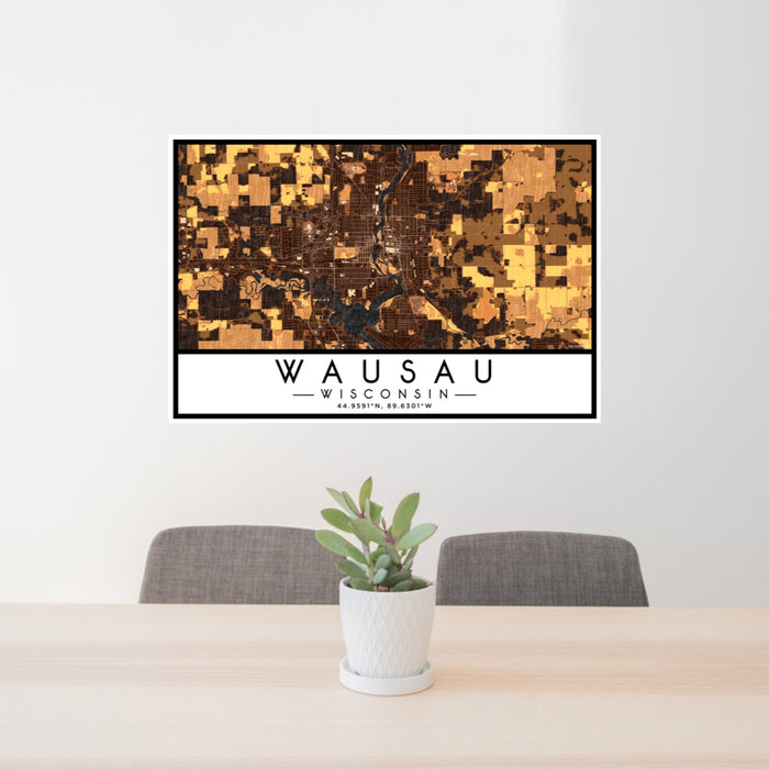 24x36 Wausau Wisconsin Map Print Lanscape Orientation in Ember Style Behind 2 Chairs Table and Potted Plant