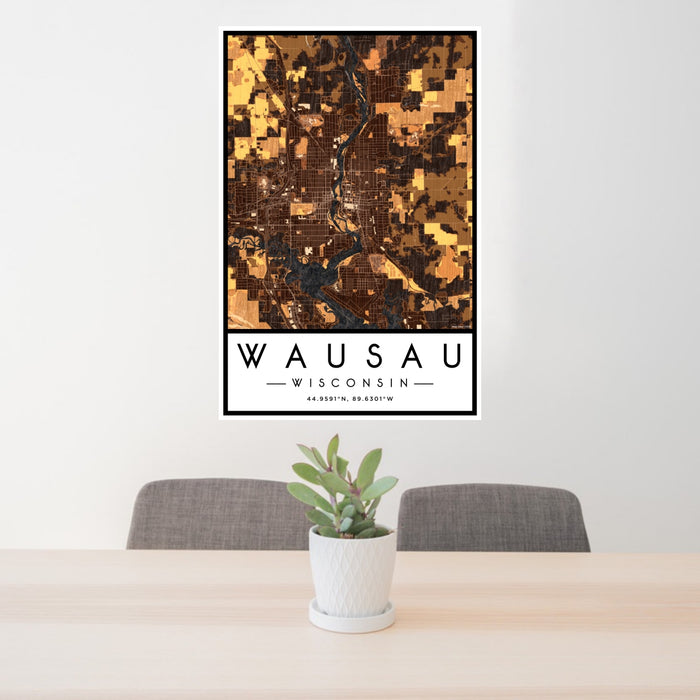 24x36 Wausau Wisconsin Map Print Portrait Orientation in Ember Style Behind 2 Chairs Table and Potted Plant