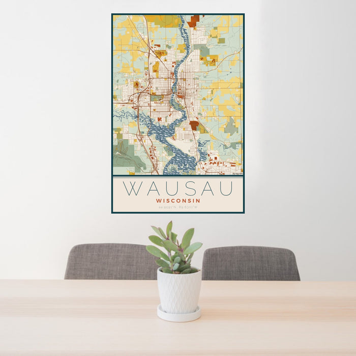 24x36 Wausau Wisconsin Map Print Portrait Orientation in Woodblock Style Behind 2 Chairs Table and Potted Plant