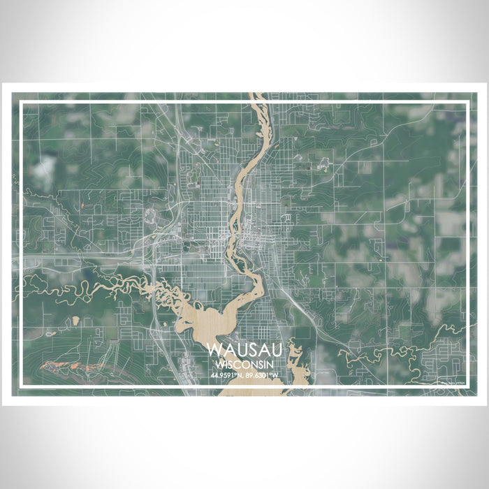 Wausau Wisconsin Map Print Landscape Orientation in Afternoon Style With Shaded Background