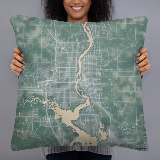 Person holding 22x22 Custom Wausau Wisconsin Map Throw Pillow in Afternoon