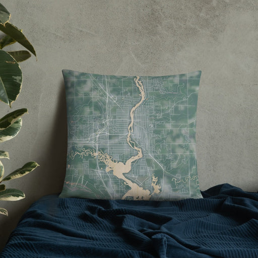Custom Wausau Wisconsin Map Throw Pillow in Afternoon on Bedding Against Wall
