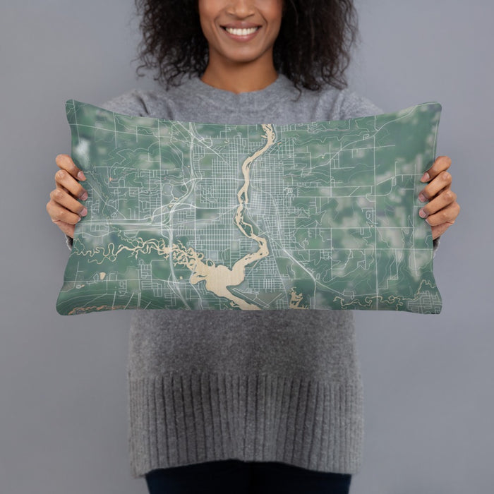 Person holding 20x12 Custom Wausau Wisconsin Map Throw Pillow in Afternoon