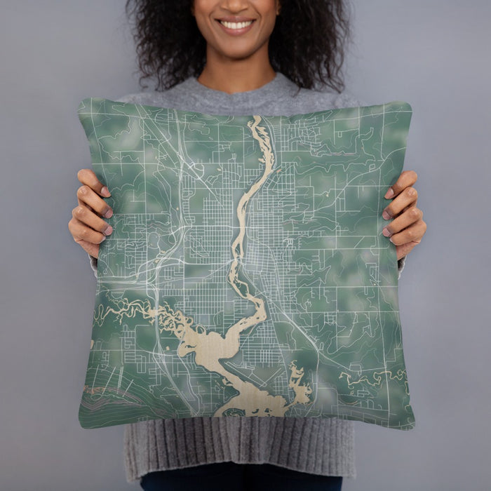 Person holding 18x18 Custom Wausau Wisconsin Map Throw Pillow in Afternoon