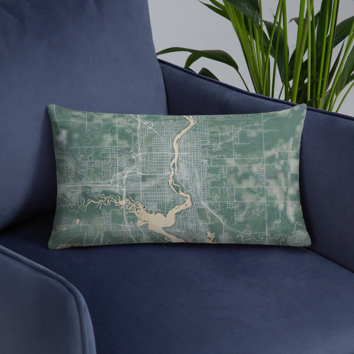 Custom Wausau Wisconsin Map Throw Pillow in Afternoon on Blue Colored Chair