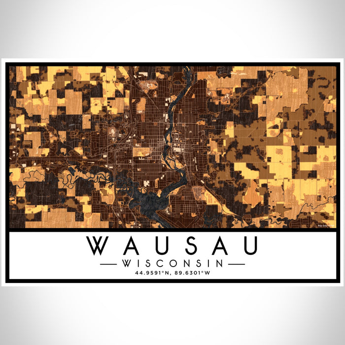 Wausau Wisconsin Map Print Landscape Orientation in Ember Style With Shaded Background