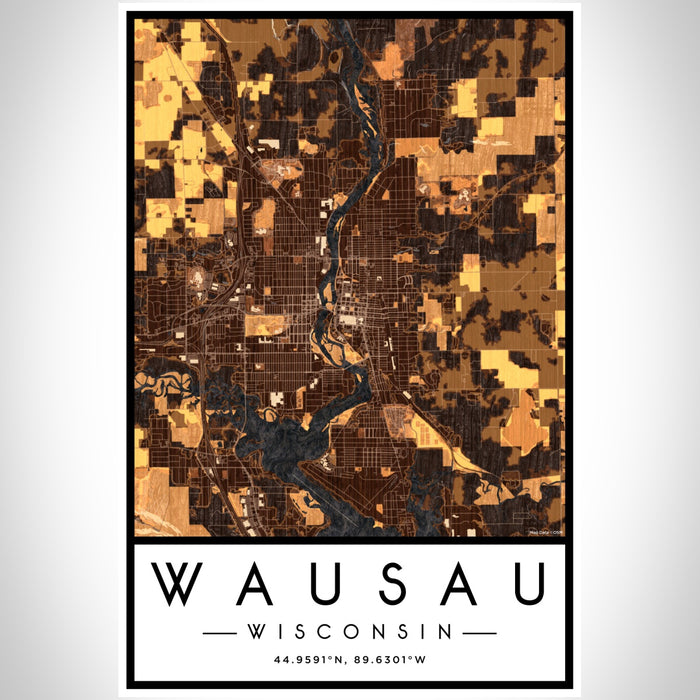 Wausau Wisconsin Map Print Portrait Orientation in Ember Style With Shaded Background