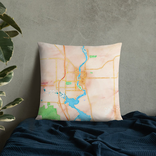 Custom Wausau Wisconsin Map Throw Pillow in Watercolor on Bedding Against Wall