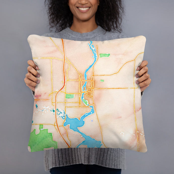 Person holding 18x18 Custom Wausau Wisconsin Map Throw Pillow in Watercolor