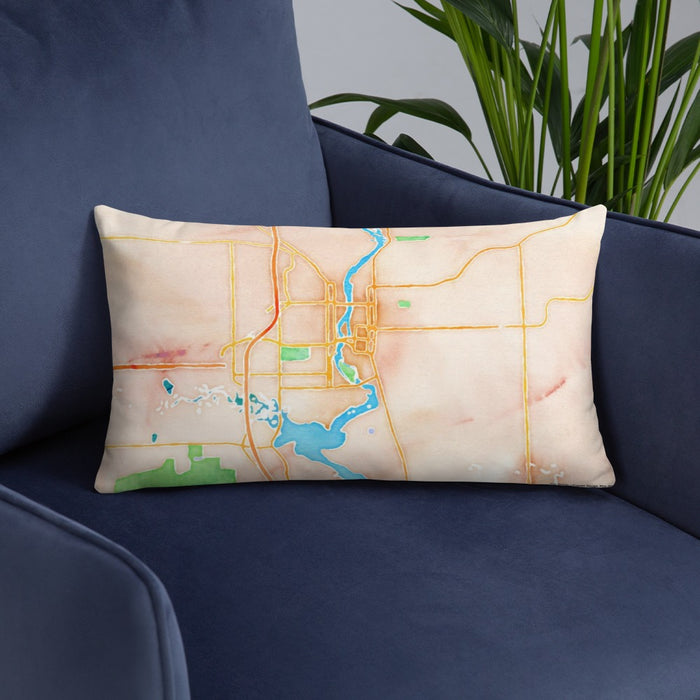 Custom Wausau Wisconsin Map Throw Pillow in Watercolor on Blue Colored Chair