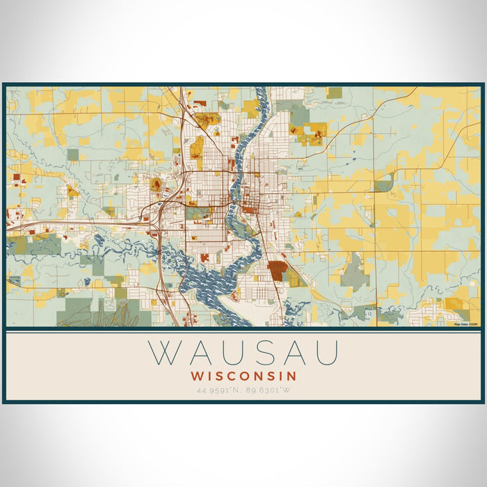 Wausau Wisconsin Map Print Landscape Orientation in Woodblock Style With Shaded Background