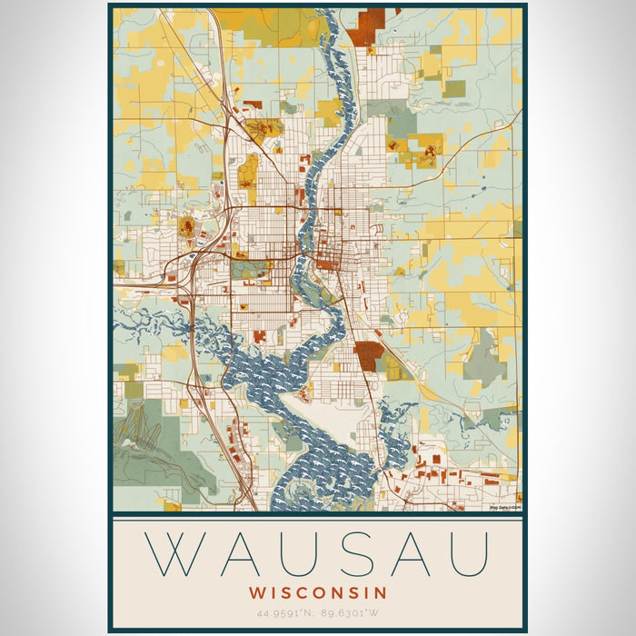 Wausau Wisconsin Map Print Portrait Orientation in Woodblock Style With Shaded Background