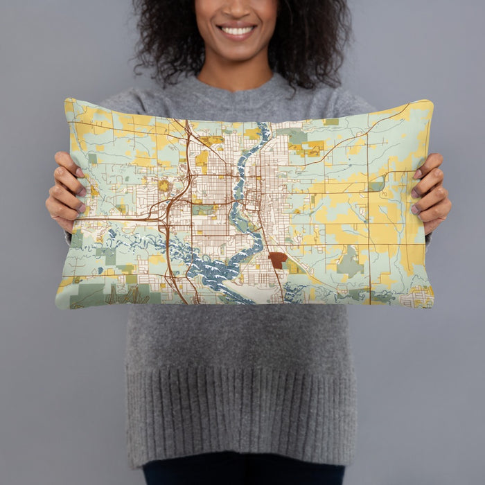 Person holding 20x12 Custom Wausau Wisconsin Map Throw Pillow in Woodblock