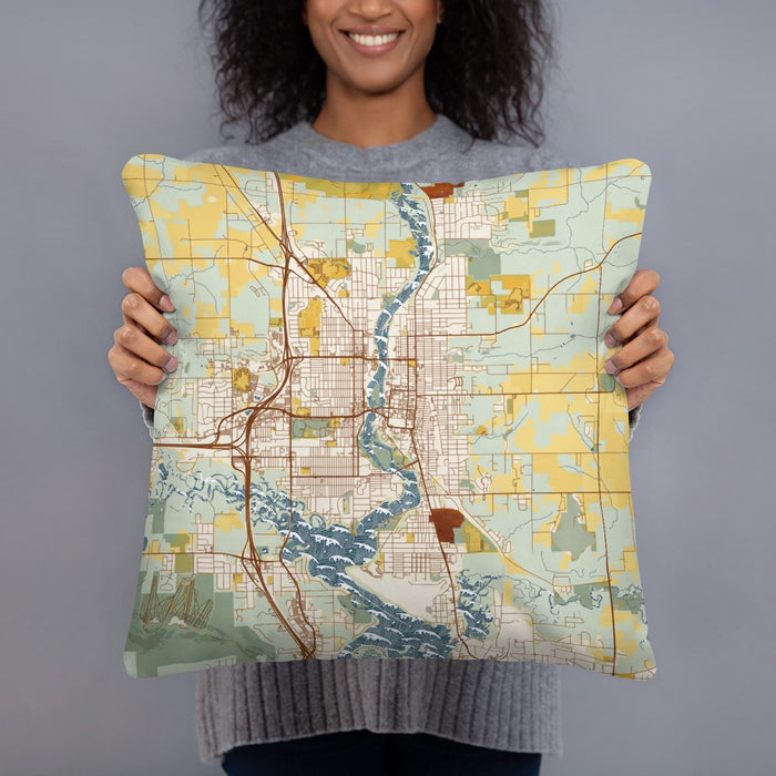 Person holding 18x18 Custom Wausau Wisconsin Map Throw Pillow in Woodblock