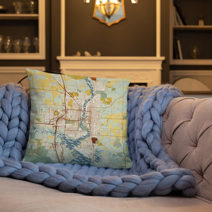 Custom Wausau Wisconsin Map Throw Pillow in Woodblock on Cream Colored Couch