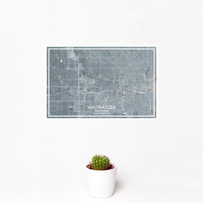 12x18 Wauwatosa Wisconsin Map Print Landscape Orientation in Afternoon Style With Small Cactus Plant in White Planter