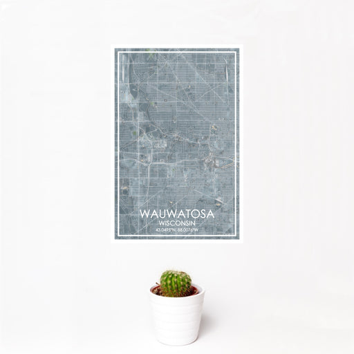 12x18 Wauwatosa Wisconsin Map Print Portrait Orientation in Afternoon Style With Small Cactus Plant in White Planter