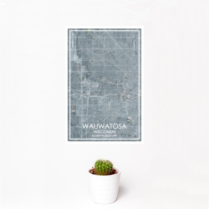12x18 Wauwatosa Wisconsin Map Print Portrait Orientation in Afternoon Style With Small Cactus Plant in White Planter