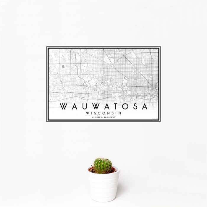 12x18 Wauwatosa Wisconsin Map Print Landscape Orientation in Classic Style With Small Cactus Plant in White Planter